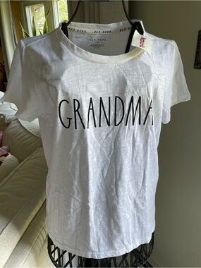 Rae Dunn White Tee with Black Trim and Tag Print